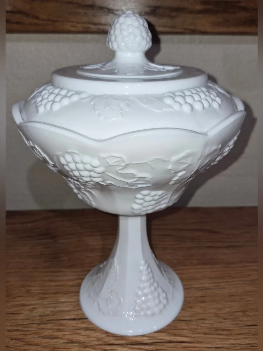 Vintage Indiana Glass Colony Harvest Grape Milk Glass Pedestal Compote with Lid